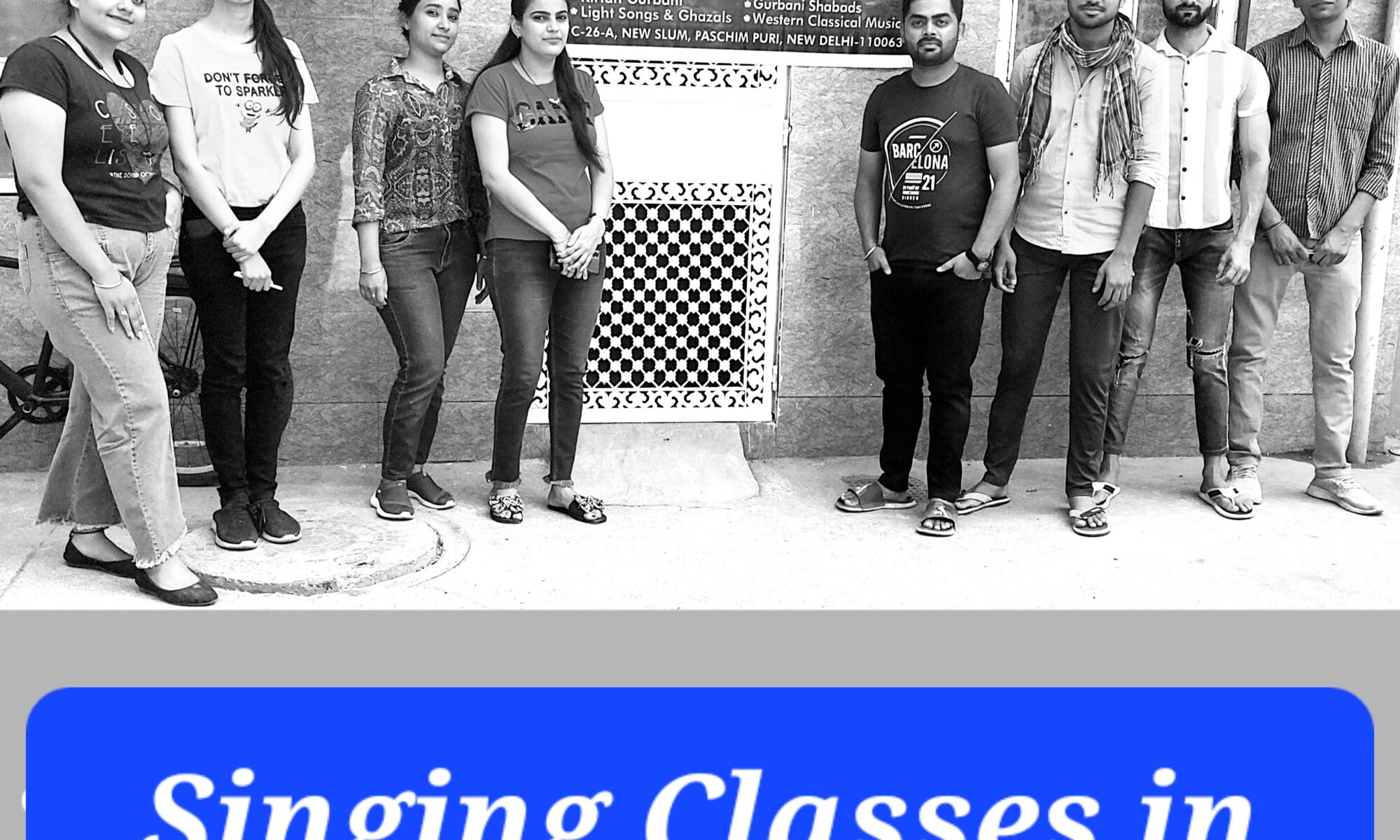 Students and teachers standing near Singing Classes in Delhi for daily vocal classes.