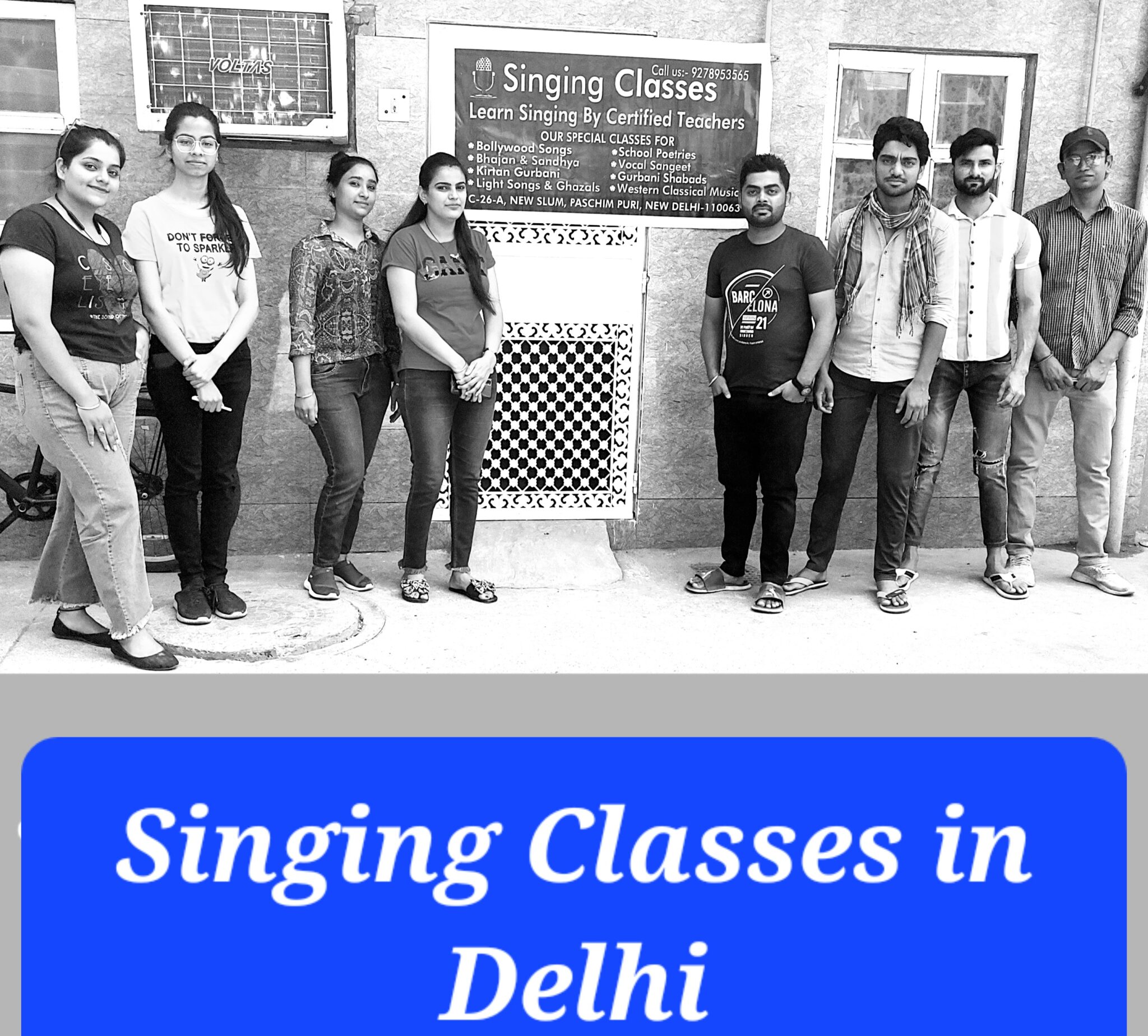 Students and teachers standing near Singing Classes in Delhi for daily vocal classes.